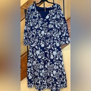 Soft Surroundings Tilda Embroidered Midi Dress/3/4 Sleeve/Navy-white/SZ. 14 NWT